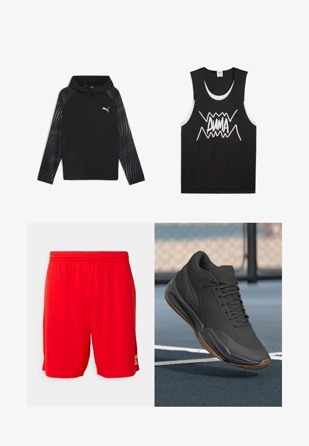 Puma RUN FAVORITE AOP WOVEN JACKET M - Trainingsvest - black-aop; Zwart mouwloos tanktop met witte accenten, met een gedurfde, gestileerde "PUMA" logo in het midden. Gemaakt van een gaasachtige stof.; Rode sportieve shorts van lichtgewicht stof, met een elastische tailleband, een gladde textuur en een logo-detail aan de onderzijde rechts.; Zwarte sportieve schoen met een glad synthetisch bovenwerk, gestructureerde accenten en een gumrubberen zool, ontworpen voor prestaties en comfort.