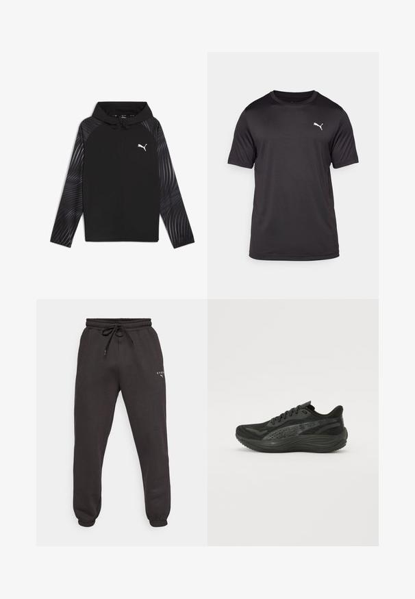 Puma RUN FAVORITE AOP WOVEN JACKET M - Trainingsvest - black-aop; Zwart atletisch T-shirt gemaakt van vochtafvoerende stof, ronde hals, korte mouwen, met een klein wit logo op de linkerborst.; Zwarte trainingsbroek met een elastische tailleband, een trekkoord en een aansluitende broekzoom. Heeft een logo gedrukt op de linker bovenbeen. Gemaakt van zachte stof.; Zwarte sportieve schoen met een gestructureerde mesh bovenkant, platte veters en een gevoerde zool met subtiele reflecterende accenten.