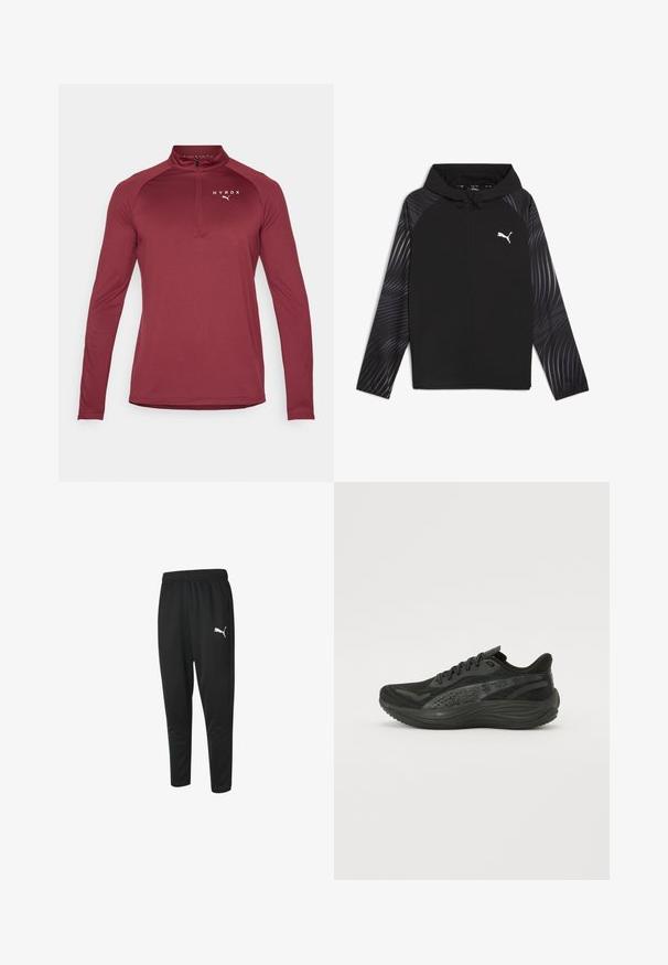Puma RUN FAVORITE AOP WOVEN JACKET M - Training jacket - black-aop; Maroon long-sleeve athletic shirt with a high collar, quarter-zip front, and white 'HYROX' logo on the chest, made from stretchy fabric.; Black athletic pants made of smooth fabric, featuring a drawstring waist, tapered legs, and a small white Puma logo on the left side.; Black athletic shoe with a textured mesh upper, flat laces, and a cushioned sole featuring subtle reflective accents.
