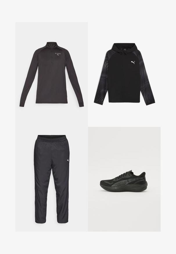 Puma RUN FAVORITE AOP WOVEN JACKET M - Sportinė striukė - black-aop; Juodas ilgomis rankovėmis puloveris su ketvirčio užtrauktuku, pagamintas iš lygaus audinio. Kairėje krūtinės pusėje yra baltas logotipas.; Juodos sportinės kelnės, pagamintos iš lygaus, lengvo medžiagos. Savybės: elastinė juosmens juosta ir maža balta logotipas kairėje pusėje.; Juodos sportinės bateliai su tekstūruotu mezginiu, plokščiomis raištelėmis ir paminkštintu padu, turinčiu subtilius atspindinčius akcentus.