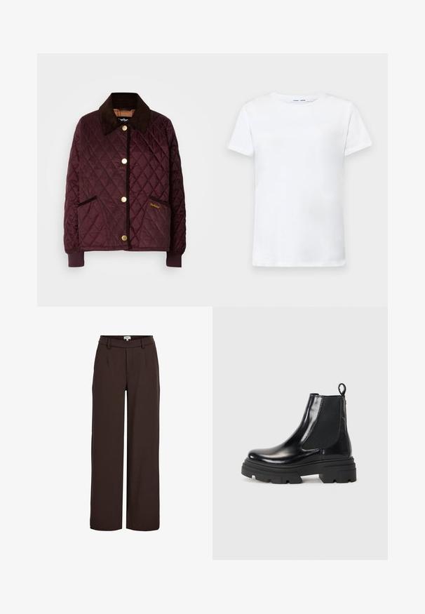 Quilted jacket in deep burgundy with brown corduroy collar, snap buttons, two front pockets, and ribbed cuffs. Features subtle branding detail.; White short-sleeve t-shirt made of cotton with a crew neck design. Smooth texture and straight cut, no patterns or accents.; Object OBJLISA WIDE - Trousers - java; Black leather ankle boots with a sleek design, elastic side panels, and a chunky black sole. Features a pull tab at the back for easy wear.