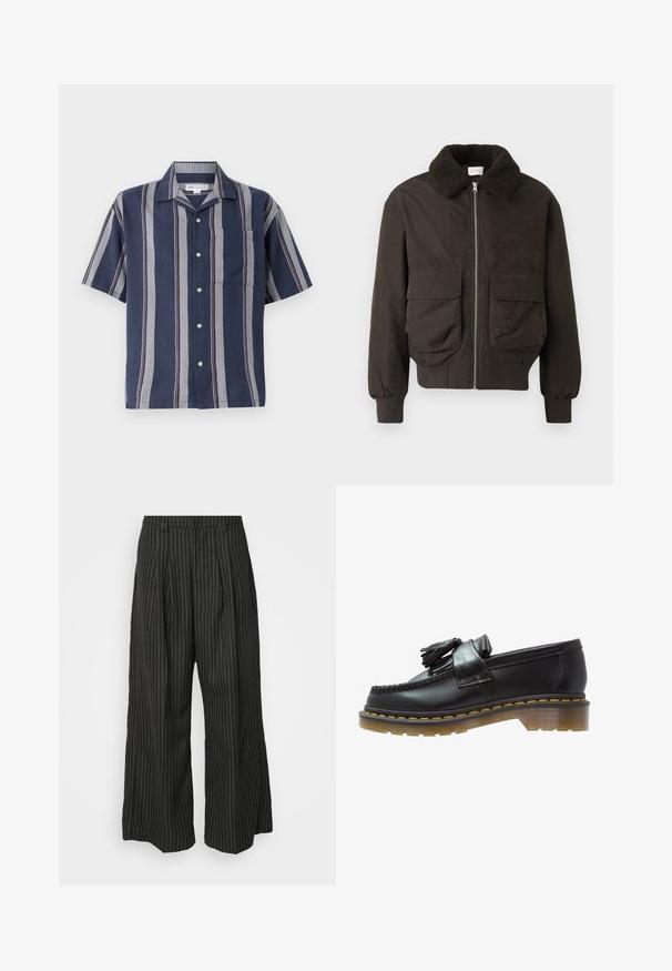 Dunkelgrüne Jacke mit einem strukturierten, pelzigen Kragen. Verfügt über Fronttaschen und einen Reißverschluss. Hergestellt aus einem glatten Stoff mit gerippten Bündchen.; Kurzärmliges Button-Down-Hemd in Marineblau mit vertikalen Streifen. Verfügt über eine Tasche und kontrastierende strukturierte Muster in Grau und Rot.; Schwarz gestreifte weite Hose mit Falten, im taillierten Design und mit weichem Material. Keine sichtbaren Beschläge oder Akzente.; Schwarze Lederloafer mit strukturiertem Finish, ausgestattet mit einer dekorativen Quaste und kontrastierenden gelben Nähten, auf einer klobigen, transparenten Sohle.