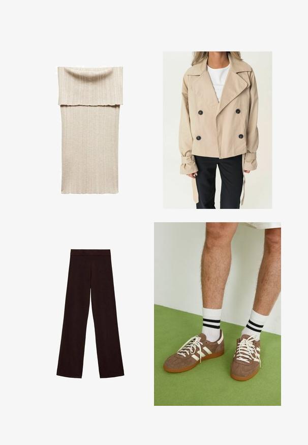 Béžový dvojradový trenčkot s veľkými čiernymi gombíkmi, so špicatým golierom a viazanými manžetami. Hladká tkanina s voľným strihom.; Pletánkové midi šaty v béžovej farbe s rebrovanou textúrou. Majú široký prekladaný golier a obtiahnutý strih. Mäkko a elastické materiály pre pohodlie.; Hnedé nohavice s širokými nohavicami z mäkkej tkaniny, s hrubým pásom a hladkou textúrou, bez viditeľných vzorov alebo kovových prvkov.; Hnedé zamatové tenisky s bielymi akcentmi a šnúrkami. Gumová podrážka. Nosené s bielymi ponožkami so čiernymi pruhmi. Zelená textúrovaná podlaha.