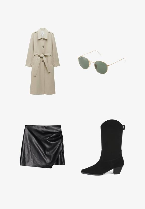 Beżowy płaszcz trenchowy wykonany z gładkiego materiału, z wyciętym kołnierzem, guzikami z przodu, paskiem w talii do związania oraz dwoma bocznymi kieszeniami.; Czarny, dzianinowy sweter z długimi, prążkowanymi rękawami i szerokim dekoltem. Posiada materiałowy sznurek z tyłu. Miękka tekstura i luźny krój.; Czarna skórzana mini spódnica z zakładanym fasonem, charakteryzująca się miękką, gładką teksturą oraz subtelnymi fałdami po jednej stronie.; Czarne zamszowe kowbojki z wąskim noskiem, delikatnym obcasem i falbaniastą górną krawędzią. Posiadają minimalne przeszycia i tylną pętelkę do wkładania.; Okulary przeciwsłoneczne w złotej metalowej oprawie z zielonymi soczewkami, o okrągłym kształcie, cienkich zausznikach i białych plastikowych akcentach na końcach ramion.