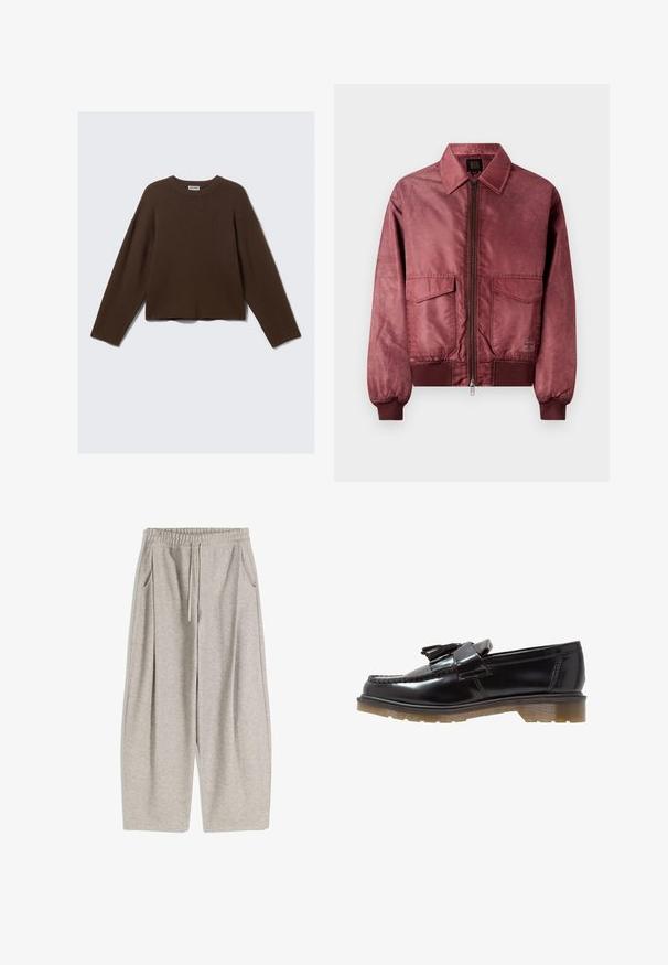 Giubbotto bomber bordeaux con zip frontale, due tasche sul petto, polsini a coste e una superficie liscia simile alla seta. Presenta un design classico con colletto.; Maglione a maniche lunghe in maglia colore marrone scuro con scollo rotondo, dal fit morbido e colletto a coste, esposto su uno sfondo chiaro e semplice.; Pantaloni jogger grigi chiari con cintura elastica, cordino regolabile, due tasche laterali e gambe ampie e svasate. Tessuto morbido, design plissettato.; Mocassini in vernice nera con un design intrecciato, dettaglio a nappina e una suola in gomma spessa e testurizzata. La vista laterale mette in evidenza la silhouette elegante.