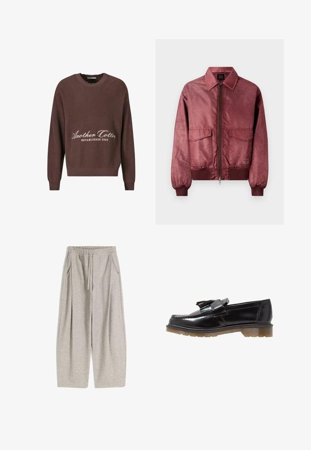 Bordeaux bomberjack met een ritsvoering, twee borstzakken, geribbelde manchetten en een gladde satijnachtige textuur. Kenmerkt zich door een klassiek ontwerp met kraag.; Bruine geribbelde gebreide trui met een ronde halslijn. Bevat witte tekst "Another Cotton Established 2023" aan de voorkant en geribbelde mouwuiteinden.; Lichtgrijze sweatpants met een elastische tailleband, verstelbare trekkoord, twee zijzakken en losse, uitlopende benen. Zachte textuur, geplooid ontwerp.; Zwarte patenten leren instappers met een gevlochten ontwerp, franjeraccent en een chunky, gestructureerde rubberen zool. De zijaanzicht benadrukt de slanke silhouette.