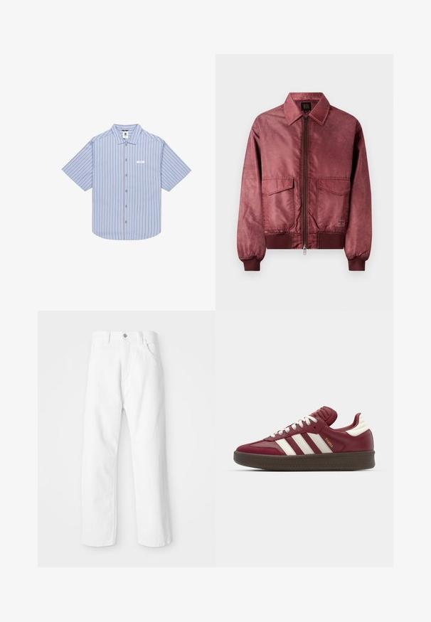 Bordeaux bomberjakke med lynlås foran, to brystlommer, ribbede manchetter og en glat satinlignende tekstur. Har et klassisk krave-design.; Kortærmet skjorte med knapper i lyseblå med røde lodrette striber, med en struktureret krave og et lille mærke på venstre bryst.; Hvide denimbukser med lige ben-design, der har en frontknap og lynlås lukning, fem lommer og en ren, tekstureret overflade.; adidas Originals SAMBA XLG UNISEX - Sneakers - noble maroon/core white