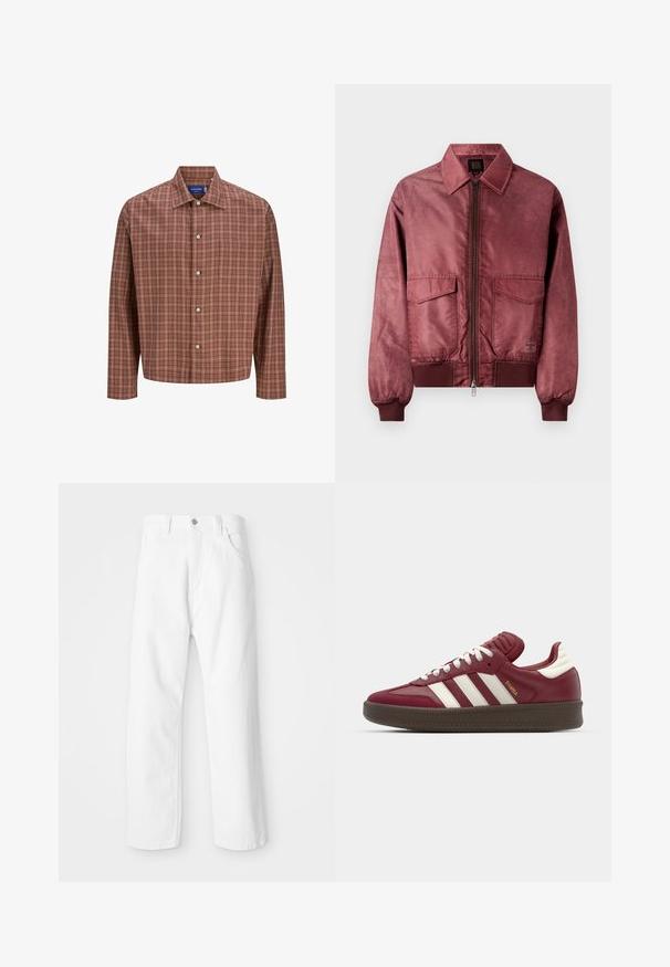 Burgundská bomber bunda se zipem vpředu, dvěma náprsními kapsami, žebrovanými manžetami a hladkou saténovou texturou. Disponuje klasickým límečkem.; Červená a hnědá kostkovaná košile na knoflíky s špičatým límcem, dlouhými rukávy a bílými knoflíky, vyrobená z lehké, texturované tkaniny.; Bílý krátký rukáv tričko s vínovým lemem, text "Escape BERLIN" na přední části uprostřed, "Mitte" na levé hrudi a kruhový emblém se dvěma hvězdami na pravé hrudi.; Bílé džínové kalhoty se střihem rovného nohavice, s předním zapínáním na knoflík a zip, pěti kapsami a čistým, texturovaným povrchem.; adidas Originals SAMBA XLG UNISEX - Tenisky - noble maroon/core white