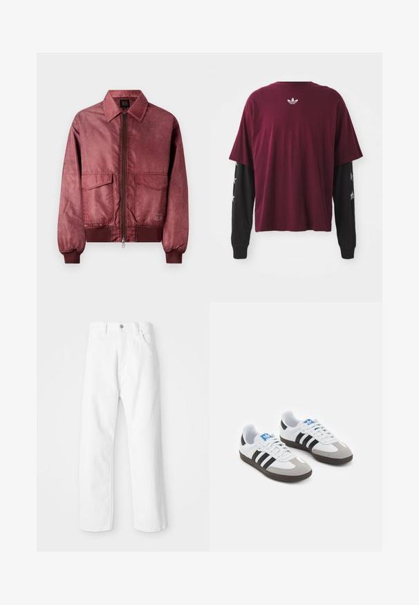 Casaco bomber burgundy com fecho à frente, dois bolsos no peito, punhos canelados e uma textura suave semelhante a satin. Apresenta um design clássico com colarinho.; Camisa curta de manga em bordô sobre uma de manga longa preta, com um logo texturizado nas costas e padrões de estrelas nas mangas.; Calças de ganga brancas com um design de perna reta, apresentando um fecho frontal com botão e zipper, cinco bolsos e um acabamento limpo e texturizado.; Ténis desportivos com um cabedal em pele branca, biqueira em camurça cinza e três riscas pretas. Apresenta um logo azul na língua e uma sola de borracha texturizada.