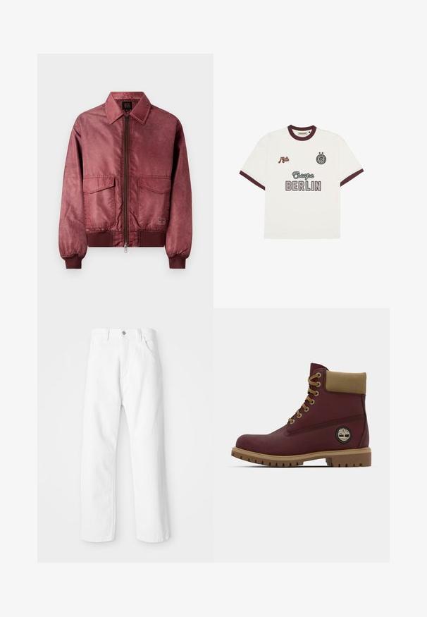 Bordový bomber s predným zipsom, dvoma náprsníkmi, ribbovanými manžetami a hladkým saténovým vzhľadom. Má klasický golier.; Biela krátka tričko s krátkymi rukávmi s burgundským lemovaním, text "Escape BERLIN" v strede na prednej strane, "Mitte" na ľavej hrudi a kruhový emblem s dvoma hviezdami na pravej hrudi.; Biele denimové nohavice s rovnými nohavicami, s predným zapínaním na gombík a zips, piatimi vreckami a čistým, textúrovaným povrchom.; Bordové členkové boty s hnedými akcentmi, polstrovaným golierom a gumovou podrážkou s textúrovaným vzorom. Logo štítok na boku.
