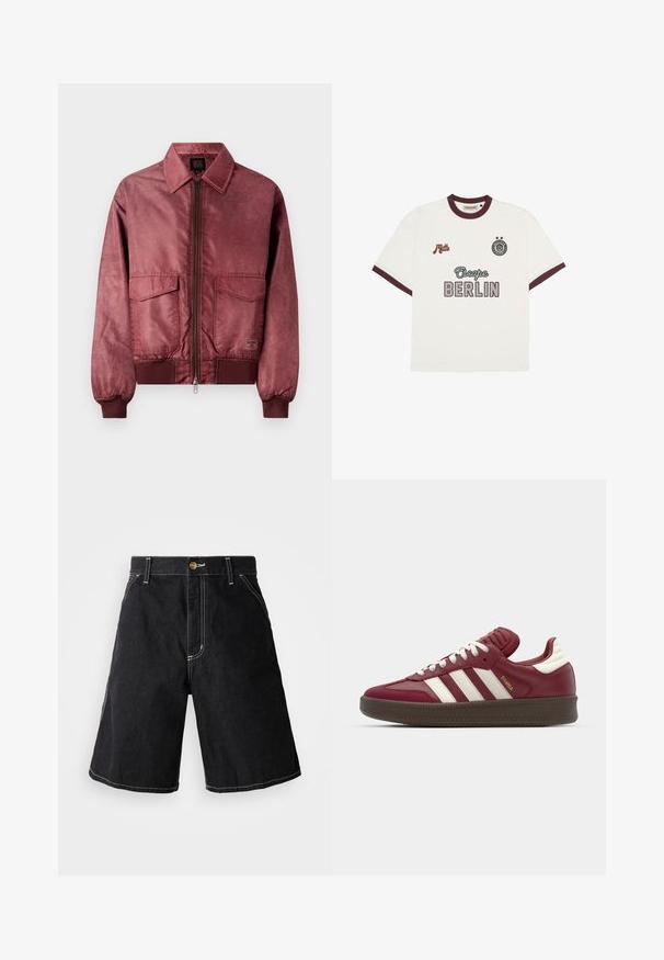 Burgundská bomber bunda se zipem vpředu, dvěma náprsními kapsami, žebrovanými manžetami a hladkou saténovou texturou. Disponuje klasickým límečkem.; Bílý krátký rukáv tričko s vínovým lemem, text "Escape BERLIN" na přední části uprostřed, "Mitte" na levé hrudi a kruhový emblém se dvěma hvězdami na pravé hrudi.; Černé džíny šortky s volnějším střihem, pěti kapsami a kontrastním bílým prošitím. Zapínání na knoflík v pase.; adidas Originals SAMBA XLG UNISEX - Tenisky - noble maroon/core white