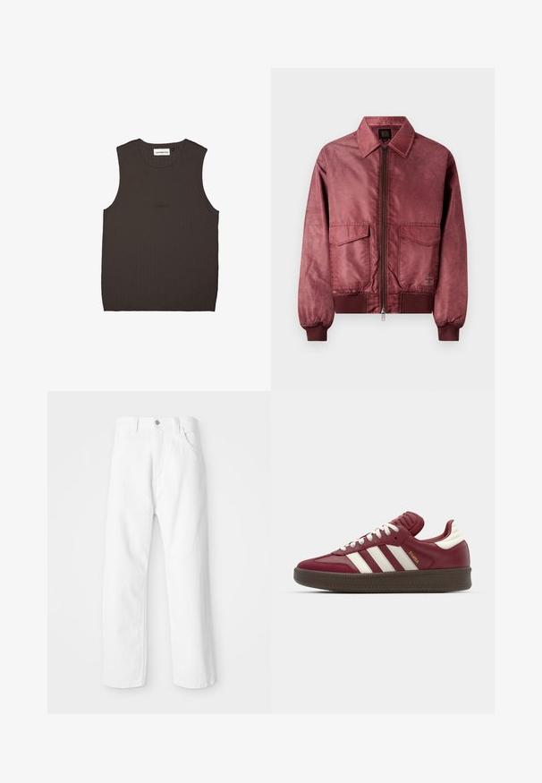 Giubbotto bomber bordeaux con zip frontale, due tasche sul petto, polsini a coste e una superficie liscia simile alla seta. Presenta un design classico con colletto.; Top senza maniche marrone scuro in tessuto a coste, con scollatura rotonda e un sottile ricamo del marchio dello stesso colore sulla parte anteriore.; Pantaloni in denim bianco con design a gamba dritta, dotati di chiusura frontale con bottone e cerniera, cinque tasche e una finitura pulita e strutturata.; adidas Originals SAMBA XLG UNISEX - Sneakers basse - noble maroon/core white
