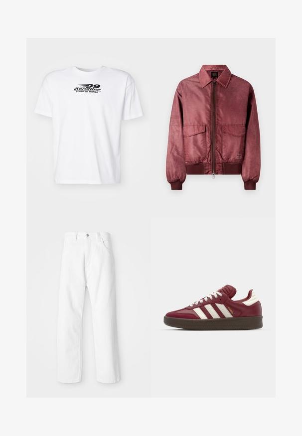 Burgundi spalvos bomberis su užtrauktuku priekyje, dviem krūtinės kišenėmis, raštuotais rankogaliais ir glotnia satino struktūra. Yra klasikinio apykaklės dizaino.; Balta medvilninė marškinėliai trumpomis rankovėmis su juodu grafiniu spaudiniu, kuriame parašyta "Stalo futbolo Pasaulio taurė Coupe du Monde."; Balti džinsai su tiesia kojos konstrukcija, su priekyje esančia mygtuko ir užtrauktuko uždarymo sistema, penkiomis kišenėmis ir švariu, tekstūriniu paviršiumi.; adidas Originals SAMBA XLG UNISEX - Sportbačiai - noble maroon/core white