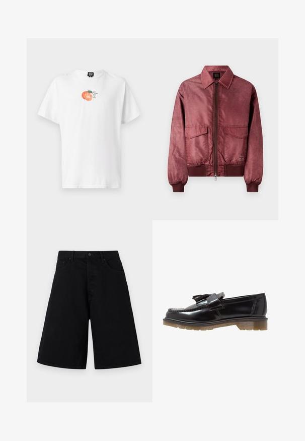 Burgunderfarget bomberjakke med glidelås foran, to brystlommer, ribbestrikkede mansjetter og glatt satinaktig tekstur. Har et klassisk kragedesign.; Hvit bomulls T-skjorte med grafikk av en appelsin og teksten "få i deg fem om dagen" i grønn og svart skrift. Avslappet passform.; Svarte denimshorts med avslappet passform, med klassisk fem-lommers design og knappeåpning, glatt tekstur og rett benklipp.; Sorte patent lær loafers med en flettet design, frynseaccent og en chunky, teksturert gummisåle. Sidesyn viser en slank silhuett.