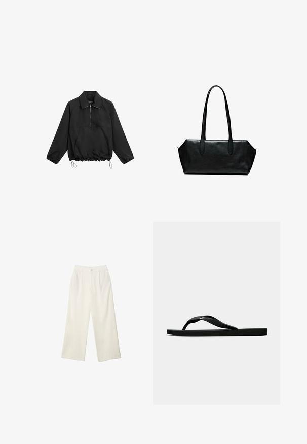 Zwarte lange mouwen pulloverjack met ritssluiting aan de voorkant, grote voorzak, elastische koordonderkant en kraag.; Zwarte mouwloze top van een textuurstof, met een v-hals ontwerp en een kantafwerking met bloemmotieven. Gerafelde randen aan de onderkant.; Brede broekspijpen in crème stof met een gladde textuur, voorzien van een enkele frontknop, subtiele plooien en een hoge taille.; Zwarte rubberen flip-flop sandaal met een getextureerde strap en een eenvoudige platte zool, zijaanzicht op een effen lichte achtergrond.; Zwarte leren handtas met lange handgrepen, rechthoekige vorm, gladde textuur en schuine zijkanten, met een minimalistisch ontwerp en geen zichtbare hardware.