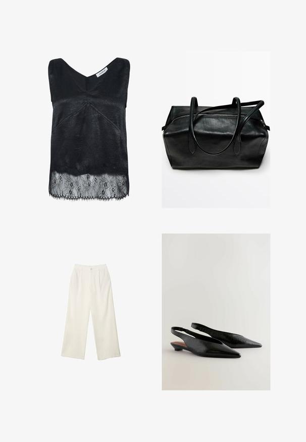 Giacca a pullover nera a maniche lunghe con zip frontale, grande tasca frontale, orlo con cordino elastico e colletto.; Top senza maniche nero con un tessuto testurizzato, caratterizzato da un design a scollo a V e un orlo in pizzo con motivi floreali. Bordo sfrangiato nella parte inferiore.; Pantaloni a gamba larga in tessuto crema con una texture liscia, caratterizzati da un singolo bottone frontale, pieghe sottili e un design a vita alta.; Scarpe slingback nere con design a punta, caratterizzate da una superficie texturizzata e un tacco a blocco piccolo. L'interno ha un accento marrone.; Borsa da viaggio in pelle nera con due manici arrotondati, lati affusolati e una zip superiore. Texture liscia con dettagli di cucitura minimi.