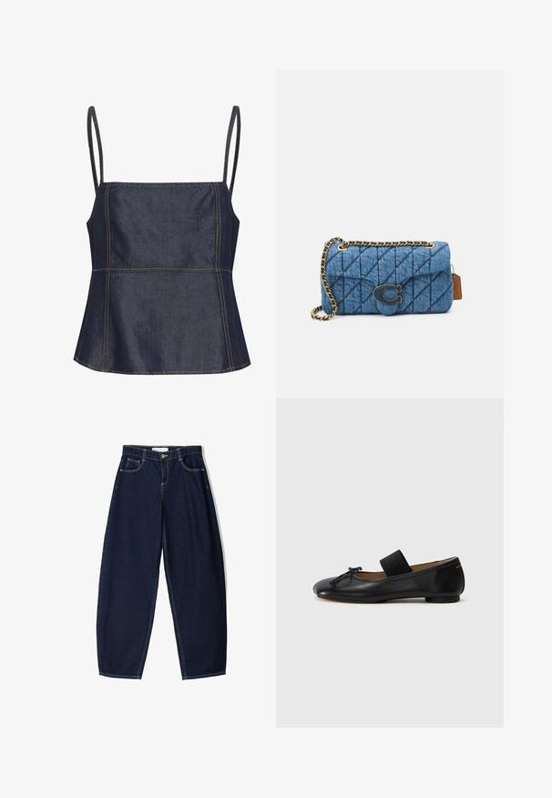 Svart långärmad tröja med dragkedja fram, stor framficka, elastisk dragsko vid nederkant och krage.; Mörk denim ärmlös topp med fyrkantig halsringning, vinklade sektioner och synliga sömnadsdetaljer. Platt, slät yta.; Mörkblå denimbyxor med lös passform, med fem fickor, kontrasterande sömmar och dragkedjeöppning fram.; Svarta läderballetskor med rundad tå, en liten knutdetalj och ett elastiskt band över fotryggen för en säker passform. Platt sula.; Blå kviltad denimaxelväska med en guld kedjestraps och en framträdande guldlogotyp på framsidan. Kompakt rektangulär form.