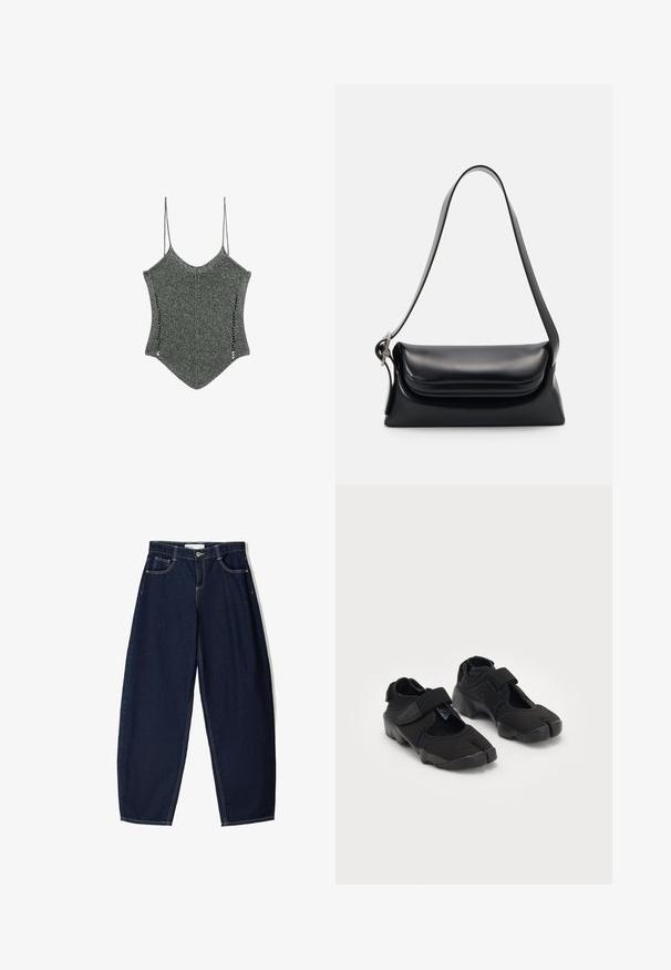 Schwarze langärmelige Pulloverjacke mit Frontreißverschluss, großer Fronttasche, elastischem Kordelzugsaum und Kragen.; Gestricktes graues Top mit dünnen Trägern, das einen einzigartigen spitzen Saum und seitliche Ausschitte aufweist, die ein strukturiertes Stoffdesign zur Schau stellen.; Dunkelblaue Jeanshose mit lockerer Passform, ausgestattet mit fünf Taschen, kontrastierenden Nähten und einem Reißverschluss vorne.; Schwarze Wasserschuhe aus flexiblem Stoff mit einem Klettverschluss, ausgestattet mit einem einzigartigen Zehentrenndesign und einer strukturierten Gummisohle für besseren Halt.; Schwarze Lederhandtasche mit strukturiertem Design, glatter Textur und einem einzelnen Schulterriemen. Verfügt über ein dezentes, abgerundetes Klappendesign.