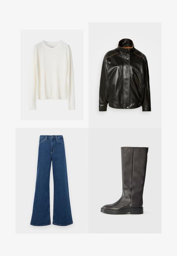 Juoda odinė striukė su aukšta apykakle, spaudimo mygtukų uždarymu ir kontrastinga šviesiai ruda siuvimo geliu. Lygaus paviršiaus su šiek tiek per dideliu fasonu.; Lengvas, kreminės spalvos megztinis su ilgomis rankovėmis, prailgintu kaklu ir apatiniu kraštu, pagamintas iš minkštos mezginio medžiagos, su paprastu dizainu.; Mėlynos džinsinės plačios kelnes su aukštu juosmeniu, turinčios penkias kišenes, mygtukų užsegimą ir kontrastingą siuvinėjimą siūlėse.; Juodos odinės iki kelių botai su storu padu ir subtiliu Calvin Klein logotipu viršuje, matomi iš šono.