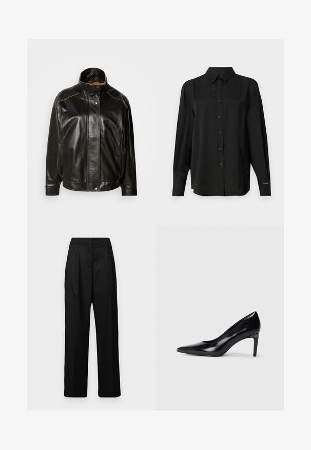 Čierna kožená bunda s vysokým golierom, zapínaním na cvoky a kontrastným béžovým prešívaním. Hladká textúra s mierne oversized strihom.; Čierna košeľa s gombíkmi vyrobená z hladkej látky, s klasickým golierom, dlhými rukávmi a prispôsobeným strihom s jemnými detailmi na pleciach.; Čierne nohavice s širokými nohavicami vyrobené z hladkej tkaniny, majú vysoký pás a predné záhyby pre zvýraznený vzhľad. Bez viditeľných vreciek.; Čierna kožená vysoká topánka s ihlovým podpätkom a špičatou špicou, hladkou textúrou a zúženým podpätkom. Minimalistický dizajn, bez ďalších ozdôb.