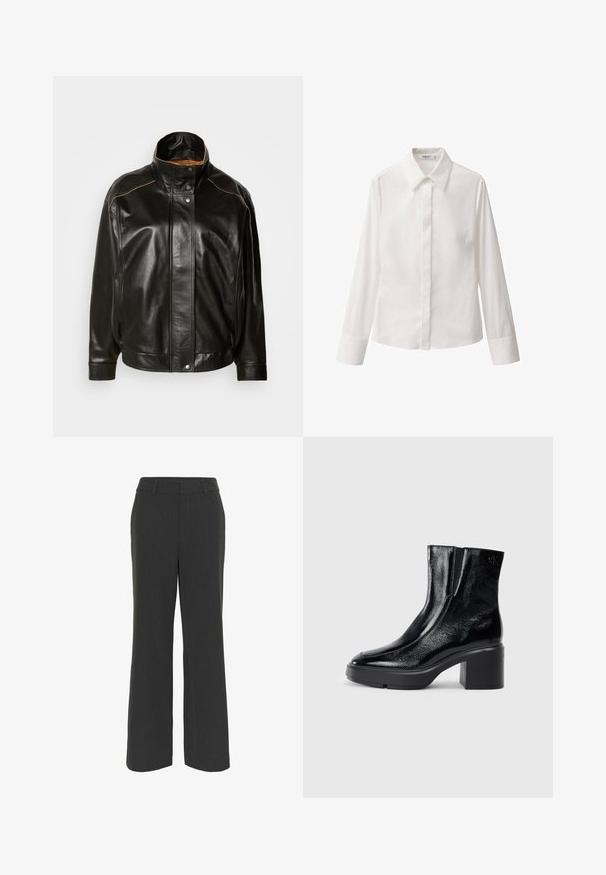 Czarna skórzana kurtka z wysokim kołnierzem, zapinana na napy, z kontrastowymi, jasnobrązowymi szwami. Gładka faktura i lekko oversize'owy krój.; Biała koszula z długim rękawem, wykonana z gładkiego materiału, z klasycznym kołnierzykiem, z przodem na guziki oraz jedną kieszenią na piersi.; Ciemnoszare spodnie szerokie o fakturowanym materiale, z płaskim przodem, pętelkami na pasek i czystym wykończeniem, odpowiednie zarówno na formalne, jak i casualowe okazje.; Czarne lakierowane botki za kostkę z zaokrąglonym noskiem, elastycznymi panelami bocznymi i masywnym obcasem blokowym. Posiadają wytłoczone logo z tyłu.