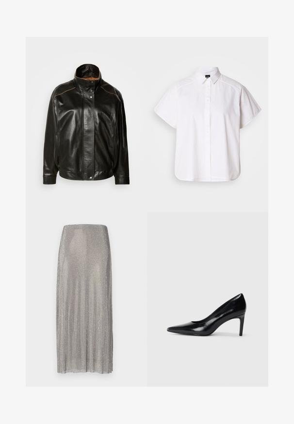 Melnas ādas jaka ar augstu apkakli, snap pogu aizdari un kontrastējošu brūnu izšuvumu. Gluda faktūra ar nedaudz pārāk lielu piegriezumu.; Balta īsajām piedurknēm krekls ar pogām un norādītu apkakli, kā arī viļņotu apakšmalu. Izgatavots no kokvilnas ar gludu tekstūru un bez redzamām rakstām.; Sudraba pleita svārki, izgatavoti no metāla sietu, ar taisnu siluetu un gludu tekstūru ar vieglu spīdumu.; Melnas ādas augstpapēžu kurpes ar norādītu purngali, gludu tekstūru un šauru papēdi. Minimālistisks dizains, bez papildu rotājumiem.