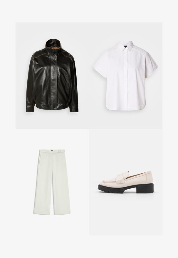 Chaqueta de cuero negra con un alto cuello, cierre de botones a presión y costuras en contraste en color beige. Textura suave con un ajuste ligeramente holgado.; Camisa blanca de manga corta con botones, cuello con puntas y dobladillo curvado. Fabricada en algodón con una textura suave y sin patrones visibles.; Pantalones de pierna ancha en tejido crema claro, con bolsillos laterales, frontales lisos y un cierre de botón único en la cintura. Textura suave.; Mocasines de cuero beige claro con un frente cosido y un tacón de plataforma negro texturizado. Presenta un diseño curvado y una ligera elevación.