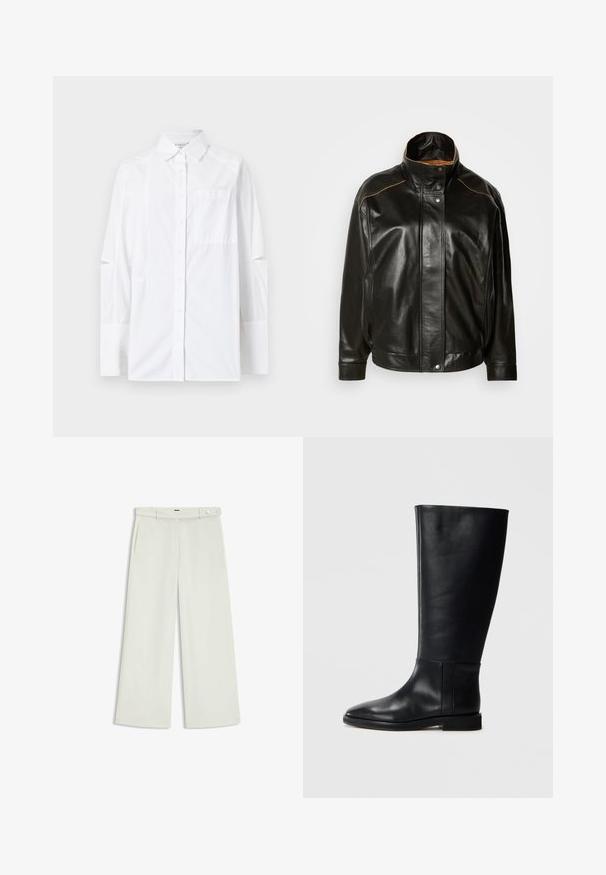 Black leather jacket featuring a high collar, snap button closure, and contrasting tan stitching. Smooth texture with a slightly oversized fit.; White button-up shirt featuring long sleeves with cut-out details, a chest pocket, and a structured collar. Made from a lightweight fabric.; Wide-leg pants in light cream fabric, featuring side pockets, a flat front, and a single button closure at the waist. Smooth texture.; Black leather knee-high boot with a rounded toe, smooth texture, minimalistic design, and a flat sole. Simple seam details on the shaft.