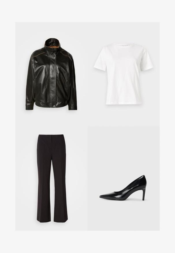 Μαύρο δερμάτινο μπουφάν με ψηλό γιακά, κλείσιμο με κουμπιά και αντίθετη καφέ ραφή. Λείο υλικό με ελαφρώς υπερμεγέθη εφαρμογή.; Λευκό βαμβακερό μπλουζάκι με κοντά μανίκια, στρογγυλή λαιμόκοψη και άνετη εφαρμογή. Λείο υφασμάτινο, χωρίς σχέδια ή αξεσουάρ, μινιμαλιστικός σχεδιασμός.; Μαύρο παντελόνι με ρίγες και φαρδιά πόδια, κατασκευασμένο από μαλακό ύφασμα, με μεσαία μέση και καθαρή μπροστινή σχεδίαση. Χωρίς ορατές τσέπες.; Μαύρο δερμάτινο ψηλοτάκουνο παπούτσι με μυτερή μύτη, λεία υφή και κοφτό τακούνι. Μινιμαλιστικός σχεδιασμός, χωρίς επιπρόσθετες διακοσμήσεις.