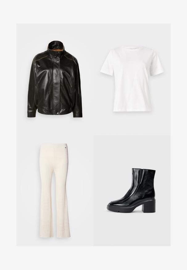 Melnas ādas jaka ar augstu apkakli, snap pogu aizdari un kontrastējošu brūnu izšuvumu. Gluda faktūra ar nedaudz pārāk lielu piegriezumu.; Baltas kokvilnas T-krekls ar īsām piedurknēm, apaļu kakla izgriezumu un brīvu piegriezumu. Gluda tekstūra, bez rakstiem vai akcentiem, minimālistisks dizains.; Ribota, krēmkrāsas adīta bikses ar vaļīgām kājām un teksturētu mežģīņu rakstu apakšējā malā. Mīksts materiāls ar pieguļošu jostasvīru.; Melnas lakotas ādas potītes zābaki ar izliekto purngalu, elastīgām sānu paneļiem un masīvu blokveida papēdi. Aizmugurē ir izsistā logo.