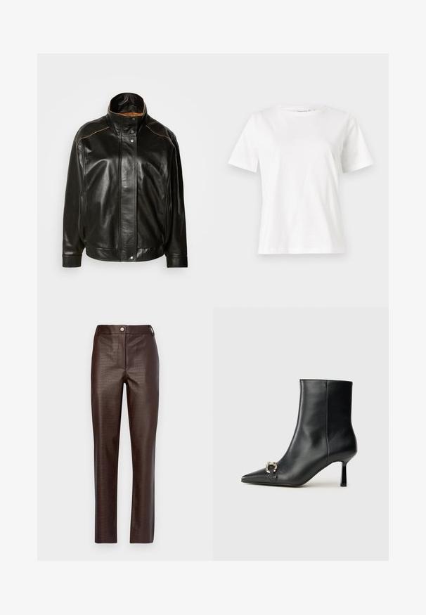 Schwarze Lederjacke mit hohem Kragen, Druckknopfverschluss und kontrastierendem, tanfarbenem Nähten. Glatte Textur mit einem leicht übergroßen Schnitt.; Weißes Baumwoll-T-Shirt mit kurzen Ärmeln, Rundhalsausschnitt und lockerer Passform. Glatte Textur, keine Muster oder Akzente, minimalistisches Design.; Braune Kunstlederhose mit Krokodil-Textur. Verfügt über ein körperbetontes Design, einen vorderen Knopfverschluss und gerade Beine.; Schwarze Leder-Stiefelette mit spitzer Zehe, schlankem, mittelhohem Absatz und silberner Schnalle seitlich vor einem schlichten Hintergrund.