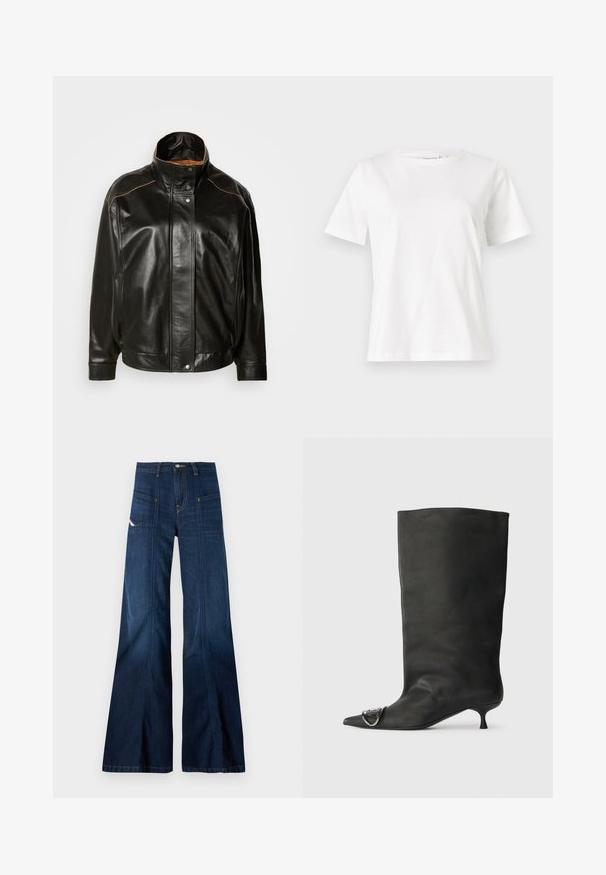 Black leather jacket featuring a high collar, snap button closure, and contrasting tan stitching. Smooth texture with a slightly oversized fit.; White cotton t-shirt with short sleeves, round neckline, and a relaxed fit. Smooth texture, no patterns or accents, minimalistic design.; Dark blue flared jeans with a high waist, large front pockets, and contrasting stitching. Features a button closure and textured denim fabric.; Black leather ankle boot with a pointed toe, small heel, and metallic accent detail on the toe. Smooth, matte texture throughout.
