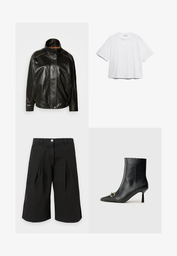 Sorte læderjakke med høj krave, knaplukning og kontrastfarvet tan syning. Glat tekstur med en let oversized pasform.; Hvid bomulds t-shirt med korte ærmer, rund halsudskæring, afslappet pasform og ingen synlige mønstre eller grafik. Glat tekstur og enkelt design.; Sorte knæ-lange shorts fremstillet af en bomuldsblanding. Har folder, en frontknaplukning og et klassisk taljedesign.; Sort læder ankelstøvle med spidse tæer, slank hæl i mellemhøjde og sølvspænde detaljer på siden mod en ensfarvet baggrund.