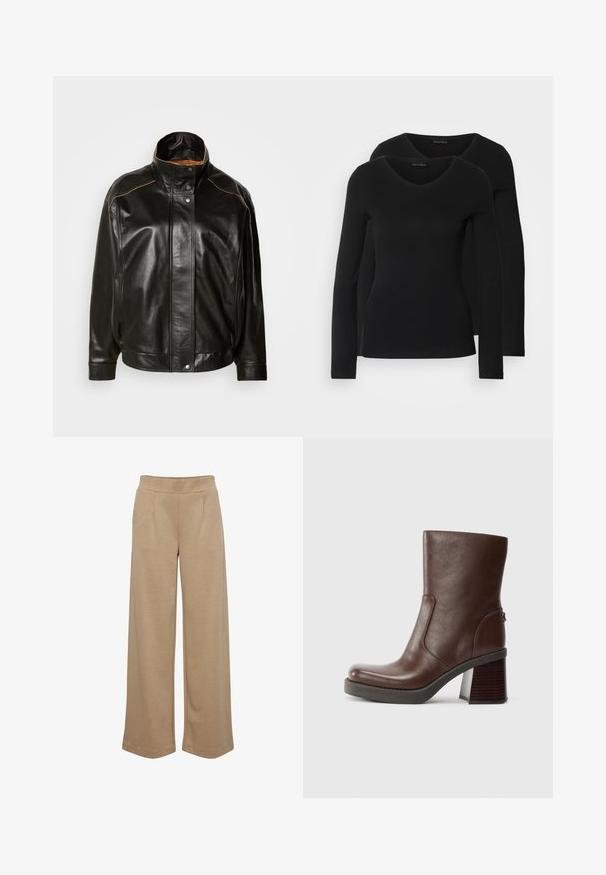Must musta jope, millel on kõrge krae, nupuklõpsuga sulgemine ja kontrastne söeõmblus. Sile tekstuur ja veidi suurenenud lõige.; Kaks musta pika varrukaga särk, millel on V-kaelus ja mis on valmistatud pehmest ja venivast kangast, millel on sile tekstuur ja sobiv kuju.; Bežid laiad püksid pehmest kangast, millel on kaks esist pleeti, elastne vöökoht ja sile tekstuur.; Kohvikarva nahast ankle boot ümarate varvastega, sileda tekstuuriga ja paksu puidust kontsaga. Küljeseam detail ja peen sära.