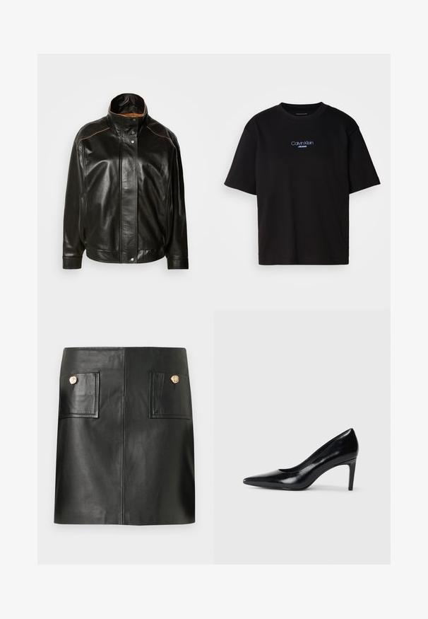 Čierna kožená bunda s vysokým golierom, zapínaním na cvoky a kontrastným béžovým prešívaním. Hladká textúra s mierne oversized strihom.; Čierne bavlnené tričko s okrúhlym výstrihom, krátkymi rukávmi a modrým vyšívaným logom "Calvin Klein JEANS" na prednej strane.; Čierna mini sukňa z kože s prednými nášivkovými vreckami, každé zabezpečené jedným okrúhlym zlatým gombíkom.; Čierna kožená vysoká topánka s ihlovým podpätkom a špičatou špicou, hladkou textúrou a zúženým podpätkom. Minimalistický dizajn, bez ďalších ozdôb.