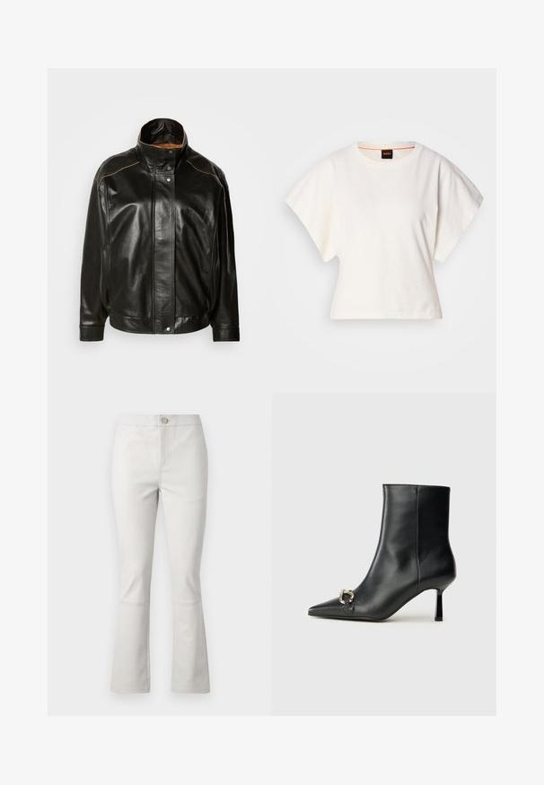 Juoda odinė striukė su aukšta apykakle, spaudimo mygtukų uždarymu ir kontrastinga šviesiai ruda siuvimo geliu. Lygaus paviršiaus su šiek tiek per dideliu fasonu.; Baltas trumpas marškinėliai, plačios trumpomis rankovėmis, minkšta medvilnė, apvali kaklo iškirptė su subtiliu oranžiniu apvadu, minimalus dizainas, be raštų ar grafikų.; Šviesiai pilkos flared kelnės, pagamintos iš medvilnės mišinio. Yra priekinės kišenės, sagos uždarymas ir subtilios siuvimo detalės palei siūles.; Juodas odinis apavas iki kulkšnies su smailiu nosiu, plonu vidutinio aukščio kulnu ir sidabriniu sagties akcentu šone, prieš paprastą foną.