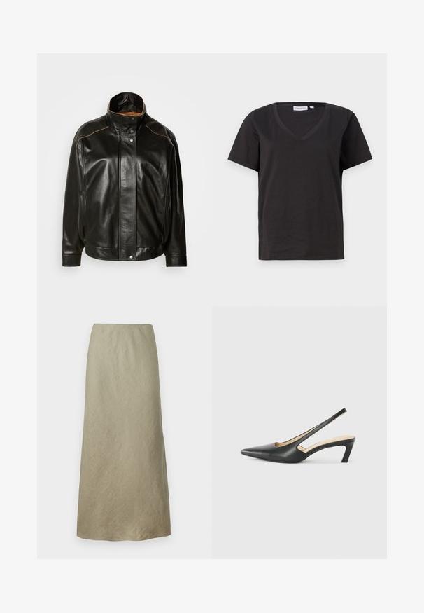 Juoda odinė striukė su aukšta apykakle, spaudimo mygtukų uždarymu ir kontrastinga šviesiai ruda siuvimo geliu. Lygaus paviršiaus su šiek tiek per dideliu fasonu.; Juodas medvilninis marškinėlis su V formos iškirpte ir trumpomis rankovėmis. Paprastas dizainas, reguliaraus kirpimo, be raštų ar akcentų.; Kelio ilgio A-formos sijonas iš švelnaus alyvuogių žalios spalvos audinio su subtilia tekstūra, be matomų užsegimų ar puošmenų.; Juodas smailus slingback batelis su žemu kulnu, pagamintas iš lygaus odos paviršiaus ir su išpjovomis šone, užtikrinančiomis oro pralaidumą.