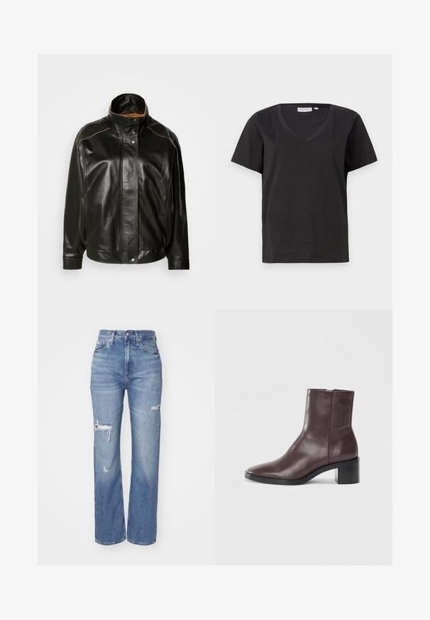 Μαύρο δερμάτινο μπουφάν με ψηλό γιακά, κλείσιμο με κουμπιά και αντίθετη καφέ ραφή. Λείο υλικό με ελαφρώς υπερμεγέθη εφαρμογή.; Μαύρο βαμβακερό T-shirt με V λαιμόκοψη και κοντά μανίκια. Απλός σχεδιασμός με κανονική εφαρμογή και χωρίς μοτίβα ή διακοσμητικά.; Ανοιχτό μπλε ψηλοκάβαλα τζιν από καστόρι, με φθορές στα γόνατα και ίσια γραμμή.; Σκούρο καφέ δερμάτινο μποτάκι αστραγάλου με τετράγωνη μύτη, χοντρό τακούνι και διακριτό ανάγλυφο λογότυπο κοντά στην κορυφή σε απλό λευκό φόντο.