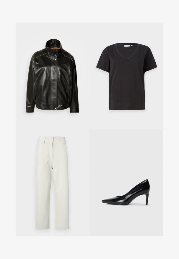Veste en cuir noir avec un col haut, fermeture à boutons-pression et coutures contrastantes en tan. Texture lisse avec une coupe légèrement surdimensionnée.; T-shirt en coton noir avec un col en V et des manches courtes. Design simple avec une coupe régulière et sans motifs ni accents.; Pantalon beige clair à jambes droites avec une texture lisse, doté d'une ceinture plate, de passants pour ceinture et de deux poches avant.; Chaussure à talon haut en cuir noir avec un bout pointu, texture lisse et un talon effilé. Design minimaliste, sans embellissements supplémentaires.