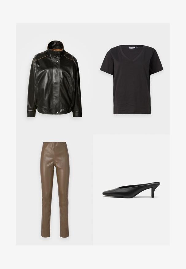 Jachetă din piele neagră cu guler înalt, închidere cu buton tip snap și cusături contrastante bej. Textură netedă, cu o croială ușor supradimensionată.; Tricou negru din bumbac cu decolteu în V și mâneci scurte. Design simplu, cu o croială normală și fără modele sau accente.; Pantaloni din piele sintetică maro, cu o textură netedă și lucioasă. Caracteristici: talie înaltă și picioare drepte, cu detalii minime de cusătură.; Mule-uri negre din piele cu vârful ascuțit și toc stiletto mic. Textură netedă, design minimalist și spate deschis pentru un confort sporit.