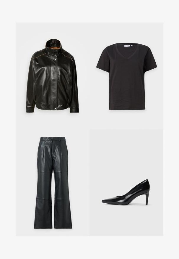 Zwarte leren jas met een hoge kraag, drukknopen en contrasterende beige stiksels. Glad materiaal met een iets oversized pasvorm.; Zwarte katoenen T-shirt met een V-hals en korte mouwen. Eenvoudig ontwerp met een regular fit en zonder patronen of accenten.; JOOP! LORENA - Leren broek - black; Zwarte leren hoge hak met een spitse neus, een gladde textuur en een tapse hak. Minimalistisch ontwerp, geen extra versieringen.