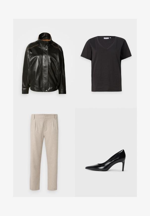 Černá kožená bunda s vysokým límcem, zapínáním na patenty a kontrastním béžovým prošíváním. Hladký povrch s mírně oversize střihem.; Černé bavlněné tričko s výstřihem do V a krátkým rukávem. Jednoduchý design s klasickým střihem bez vzorů nebo akcentů.; Béžové kalhoty vyrobené z texturované tkaniny, s úzkým střihem, předními záhyby a bočními kapsami, s plochým pasem a zkrácenou délkou.; Černé kožené boty na vysokém podpatku s špičatou špičkou, hladkým povrchem a zúženým podpatkem. Minimalistický design, bez dalších ozdob.