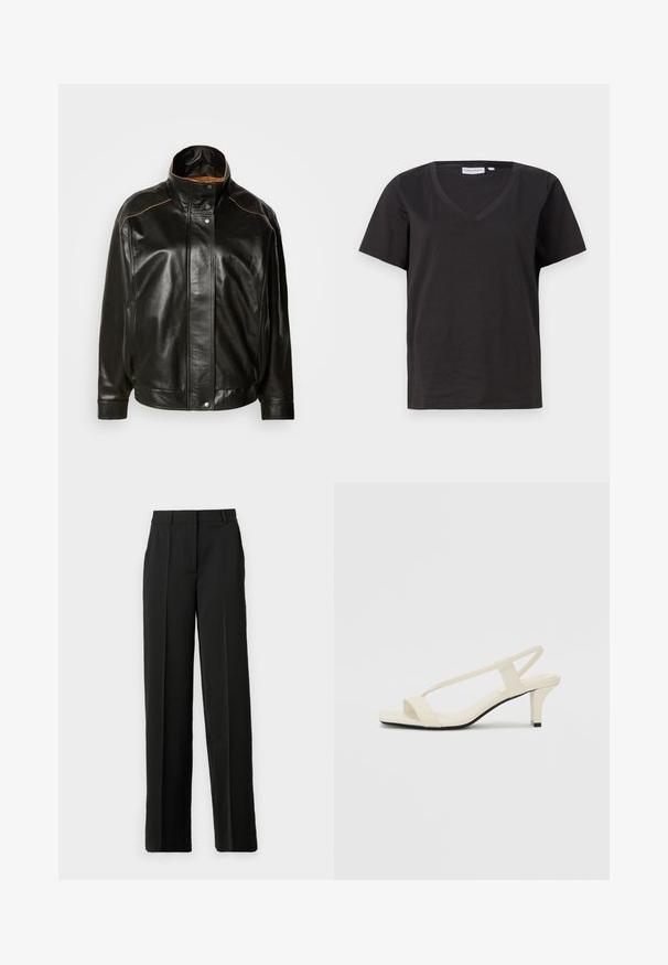 Μαύρο δερμάτινο μπουφάν με ψηλό γιακά, κλείσιμο με κουμπιά και αντίθετη καφέ ραφή. Λείο υλικό με ελαφρώς υπερμεγέθη εφαρμογή.; Μαύρο βαμβακερό T-shirt με V λαιμόκοψη και κοντά μανίκια. Απλός σχεδιασμός με κανονική εφαρμογή και χωρίς μοτίβα ή διακοσμητικά.; Μαύρο παντελόνι με φαρδιά πόδια, κατασκευασμένο από λείο ύφασμα, με καλή εφαρμογή στο μπροστινό μέρος, βρόχους ζώνης και κομψή γραμμή χωρίς τσέπες.; Μπέζ σανδάλια με τετράγωνη μύτη και λεπτές λουρίδες. Ομαλή ύφανση με ελάχιστες λεπτομέρειες, σχεδιασμένα για εύκολη χρήση.