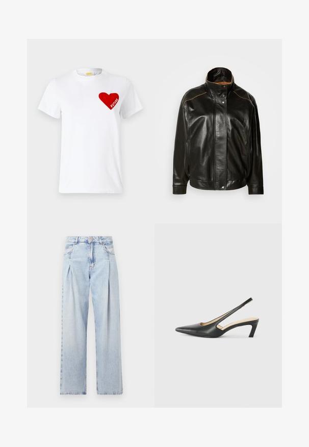 Schwarze Lederjacke mit hohem Kragen, Druckknopfverschluss und kontrastierendem, tanfarbenem Nähten. Glatte Textur mit einem leicht übergroßen Schnitt.; Weißes Baumwoll-T-Shirt mit einem roten Herzgrafik, das das Wort "ZUKUNFT" darin zeigt, kurzen Ärmeln und einem Rundhalsausschnitt.; Helle blaue Denim-Jeans mit hoher Taille, weitem Beinschnitt, zwei seitlichen Taschen und gefaltetem Design. Weiche Textur mit einem ausgebleichten Finish.; Schwarzer spitz zulaufender Slingback-Schuh mit niedrigem Absatz, der aus glattem Leder gefertigt ist und seitliche Ausschnitte für Atmungsaktivität aufweist.