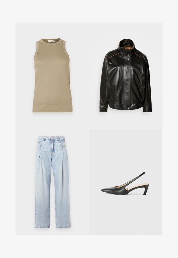 Schwarze Lederjacke mit hohem Kragen, Druckknopfverschluss und kontrastierendem, tanfarbenem Nähten. Glatte Textur mit einem leicht übergroßen Schnitt.; Beige ärmelloses Oberteil aus gerippter Stoff. Hat einen hohen Ausschnitt und seitliche Schlitze. Das Etikett lautet "IVY OAK." Einfaches und figurbetontes Design.; Helle blaue Denim-Jeans mit hoher Taille, weitem Beinschnitt, zwei seitlichen Taschen und gefaltetem Design. Weiche Textur mit einem ausgebleichten Finish.; Schwarzer spitz zulaufender Slingback-Schuh mit niedrigem Absatz, der aus glattem Leder gefertigt ist und seitliche Ausschnitte für Atmungsaktivität aufweist.