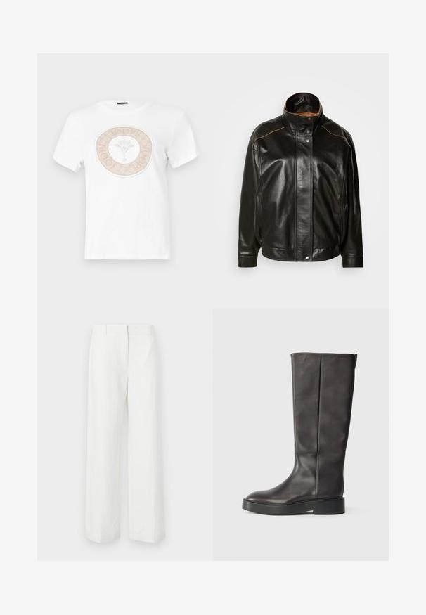 Sorte læderjakke med høj krave, knaplukning og kontrastfarvet tan syning. Glat tekstur med en let oversized pasform.; Hvid bomulds t-shirt med et cirkulært beige logodesign med et blomstermotiv i midten og tekst omkring kanten.; Hvide brede bukser med en glat tekstur, der har en flad front og pressede folder. Lavet af letvægtsstof, uden synlige mønstre.; Sorte knæhøje læderstøvler med tyk sål og subtil Calvin Klein-logo nær den øverste kant, vist fra siden.