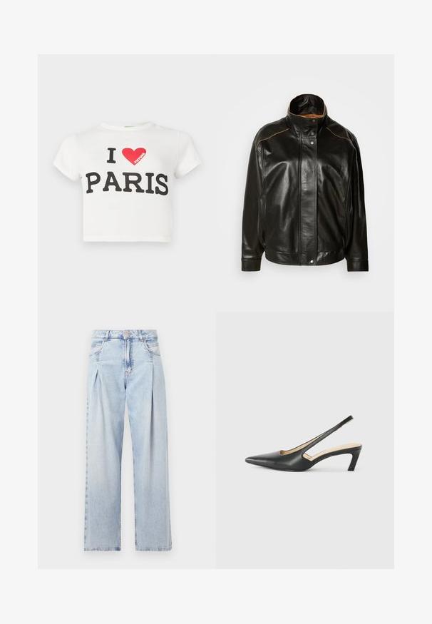 Zwarte leren jas met een hoge kraag, drukknopen en contrasterende beige stiksels. Glad materiaal met een iets oversized pasvorm.; Witte cropped T-shirt met korte mouwen bedrukt met "I ♥ FUTURE PARIS", rode hartafbeelding met het woord "FUTURE" erin.; Lichtblauwe denim jeans met een hoge taille, wijde pijpen, twee zijzakken en geplooid ontwerp. Zachte textuur met een vervaagd uiterlijk.; Zwarte puntige slingback schoen met een lage hak, gemaakt van soepel leer en voorzien van een uitsnede aan de zijkant voor ventilatie.
