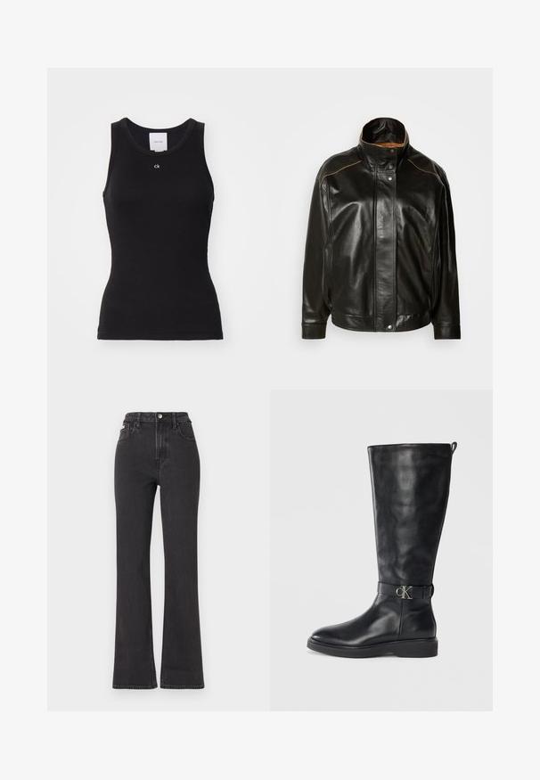 Juoda odinė striukė su aukšta apykakle, spaudimo mygtukų uždarymu ir kontrastinga šviesiai ruda siuvimo geliu. Lygaus paviršiaus su šiek tiek per dideliu fasonu.; Juodas medvilnės maikutė be rankovių, prigludusio silueto, su apvalia iškirpte ir balta logo "ck" išspausdinta ant krūtinės, pasižyminti lygiu paviršiumi.; Juodi aukštu liemeniu platėjantys džinsai, pagaminti iš džinsinio audinio, su mygtuko uždarymu, diržo kilpomis ir šoninėmis kišenėmis. Lygus paviršius su minimaliais išblukimais.; Juodų odinių aukštakulnių botų, su žemu kulnu, apvalia nosimi ir metaliniu "CK" logotipo sagtimi, apsukta aplink kulkšnį.