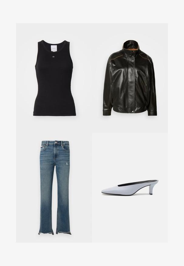 Black leather jacket featuring a high collar, snap button closure, and contrasting tan stitching. Smooth texture with a slightly oversized fit.; Black cotton tank top with a fitted design, round neckline, and logo "ck" printed in white on the chest, featuring a smooth texture.; Blue denim jeans with slight distressing, raw frayed hems, front pockets, belt loops, and a button closure.; Light blue patent leather mule with a pointed toe, low transparent heel, and a sleek design featuring a cut-out at the vamp.
