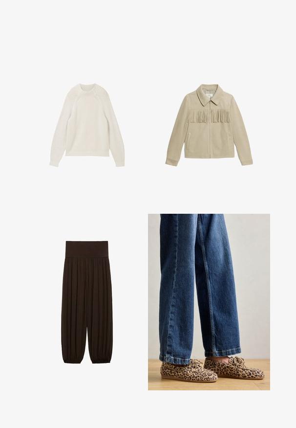 Veste en daim beige avec un col, fermeture éclair à l'avant, deux poches latérales et un détail à franges sur la poitrine. Texture lisse sur l'ensemble.; Pull en rib beige clair avec des manches longues, un col rond et un motif texturé subtil. Tissu doux avec une coupe décontractée et sans éléments métalliques visibles.; Pantalons plissés marron avec une large taille élastique. Le tissu est léger et texturé, avec des ourlets froncés aux poignets.; Mocassins en daim à imprimé léopard, avec un bout rond, un laçage, et des semelles plates et flexibles, associés à un jean en denim bleu.